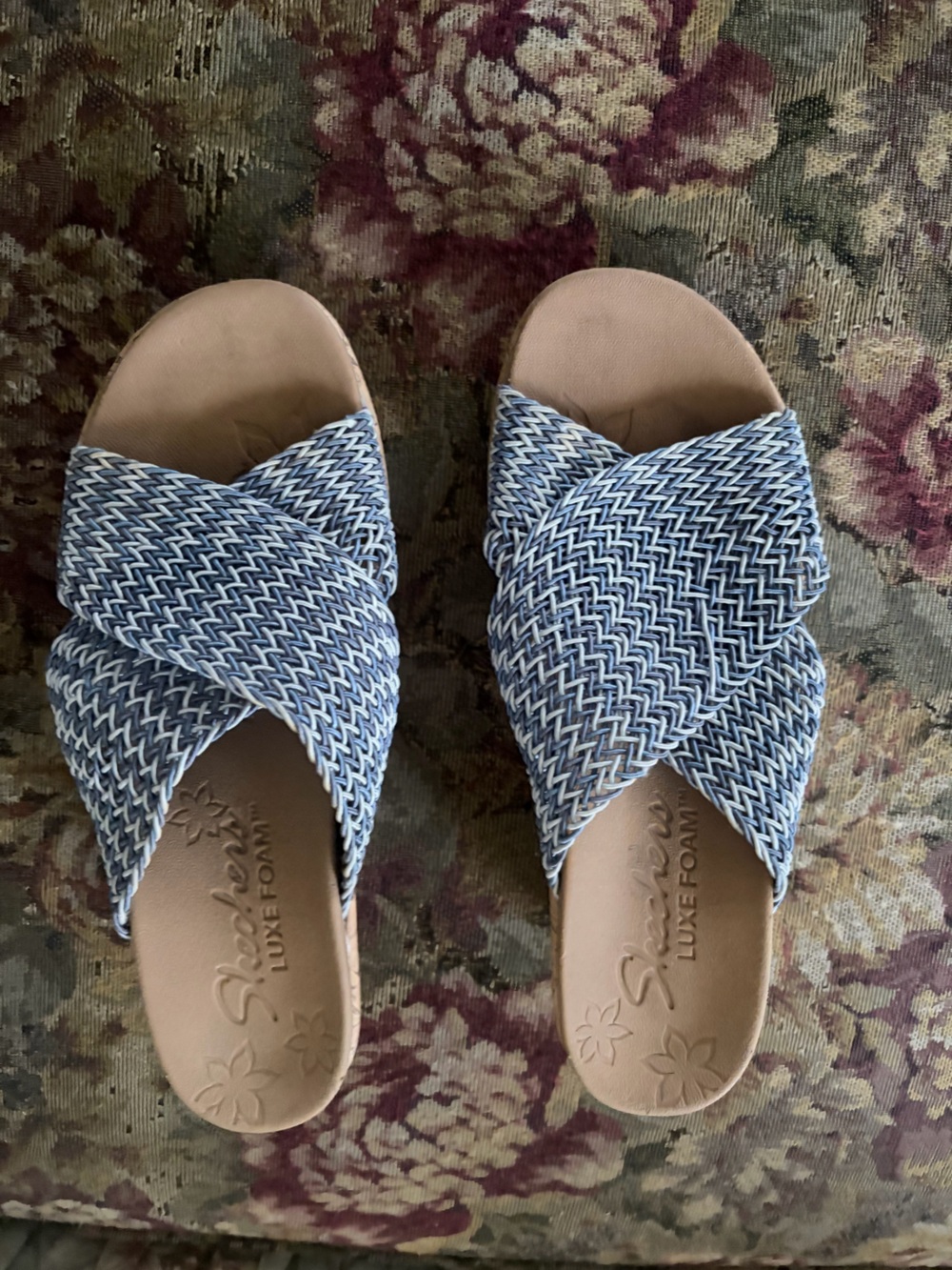 Skechers Blue Woven Crossover Luxe Foam Slide Sandals